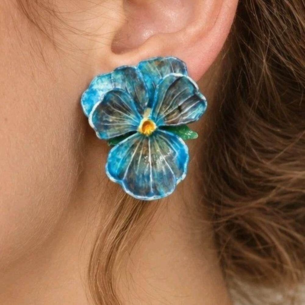 Vintage 1960s Blue Pansy Flower Clip On Earrings Hand Painted Floral Statement